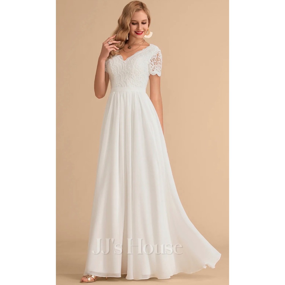 JJ's House Jesa Ivory Lace Chiffon V-Neck Maxi Wedding Dress Size 16 XYJH147051